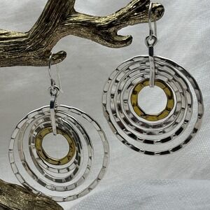 925 Sterling Silver & Brass Dangle Hoop Earrings CII Mexico
